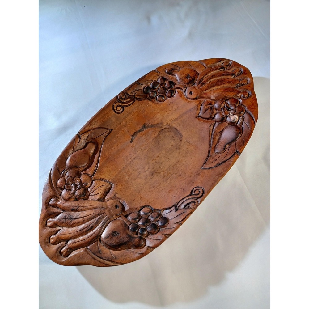 Carved Wood Oval Serving Tray Birds Fruit Large‎ Brown Folk Art Flowers Decor